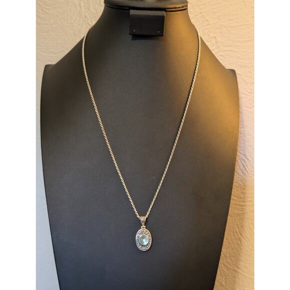 VTG 925 Sterling Silver Filigree Abalone Shell Pendant Rope 24" Chain Necklace - Picture 1 of 9